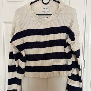 Pink Rose Women's Navy and Cream Striped Sweater